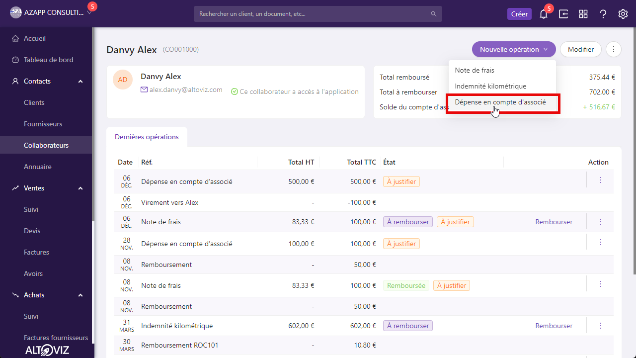 Dépense en compte courant d'associé