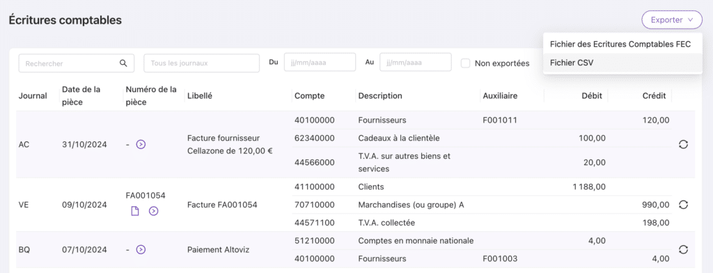 Export CSV des écritures comptables