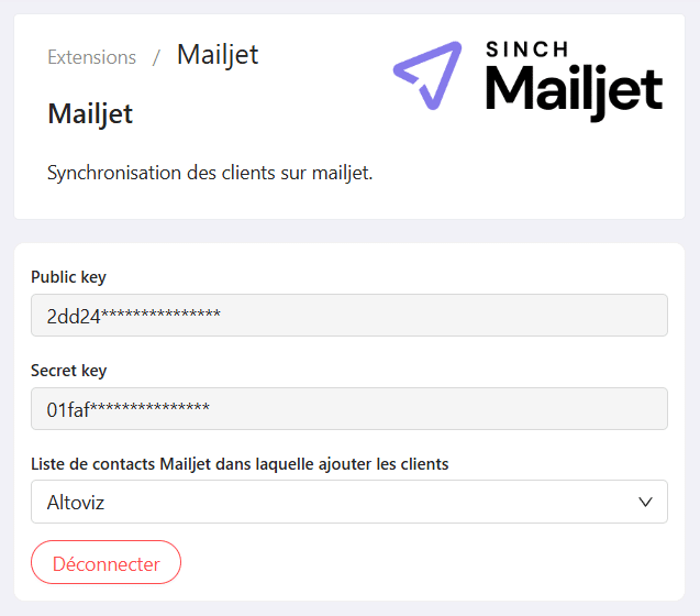 Paramètres Mailjet