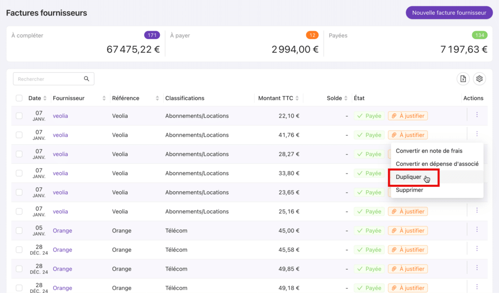 Duplication de facture fournisseur