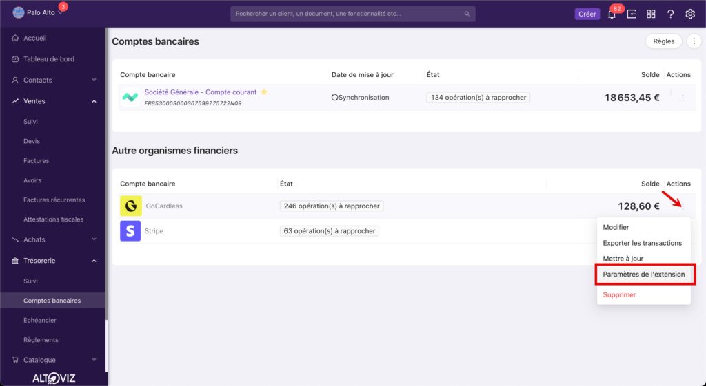 Accès direct aux extensions depuis les comptes bancaires