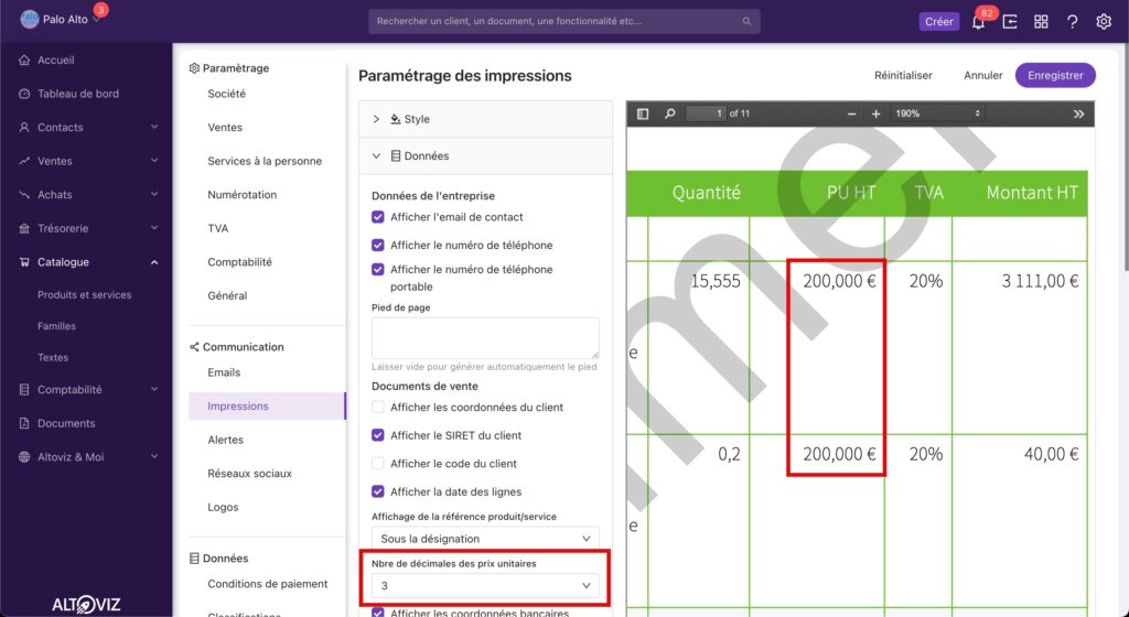 Paramètre nombre de décimales pour les prix unitaires