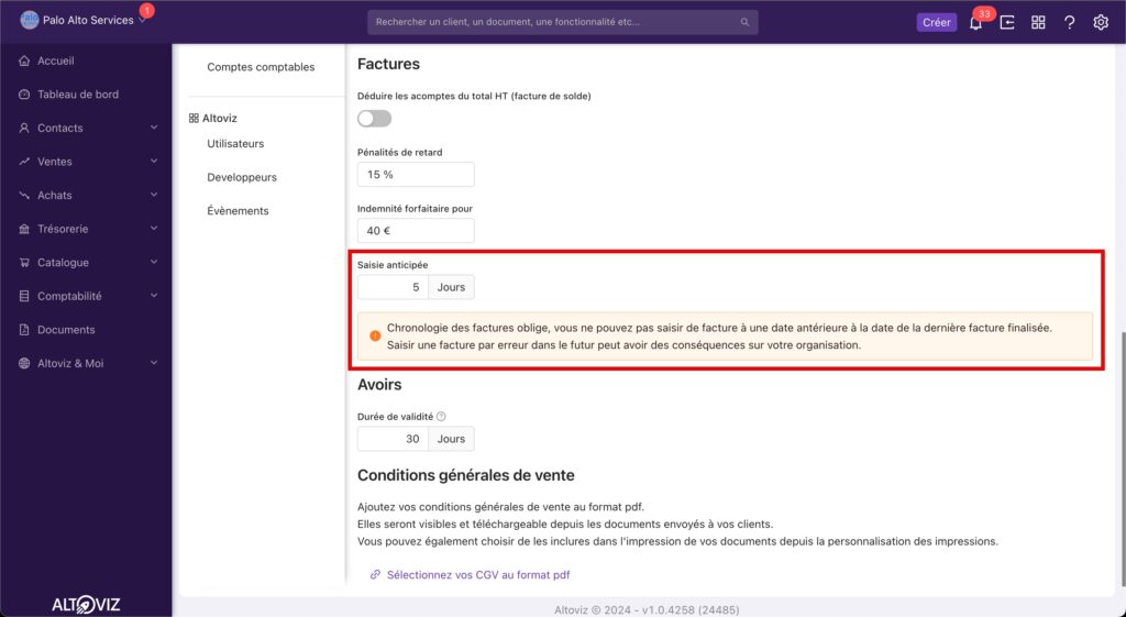 Paramètre pour la saisie anticipée de factures