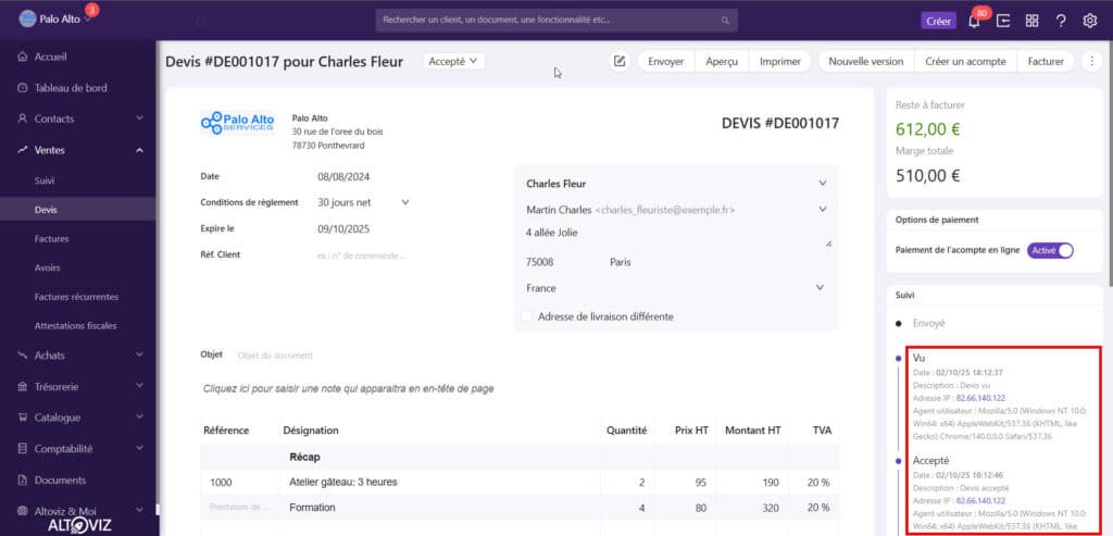 Informations supplémentaires sur le suivi des devis et factures