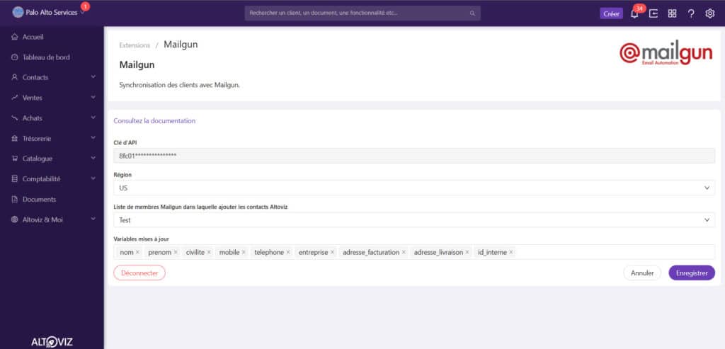 Synchronisation des contacts Altoviz avec Mailgun pour pouvoir faire des envois d'e-mails
